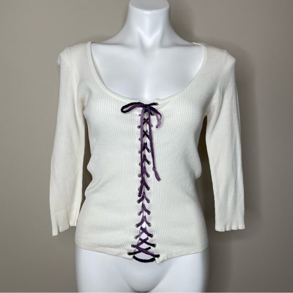 Vintage 70s Cream Ribbed Knit Top with Purple Lace-up Front Closure